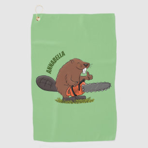 Funny beaver with chainsaw cartoon humour  golf towel