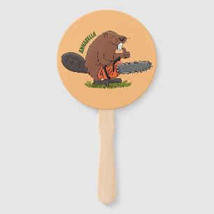 Funny beaver with chainsaw cartoon humour hand fan