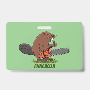 Funny beaver with chainsaw cartoon humour ID badge