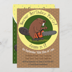 Funny beaver with chainsaw cartoon humour invitation