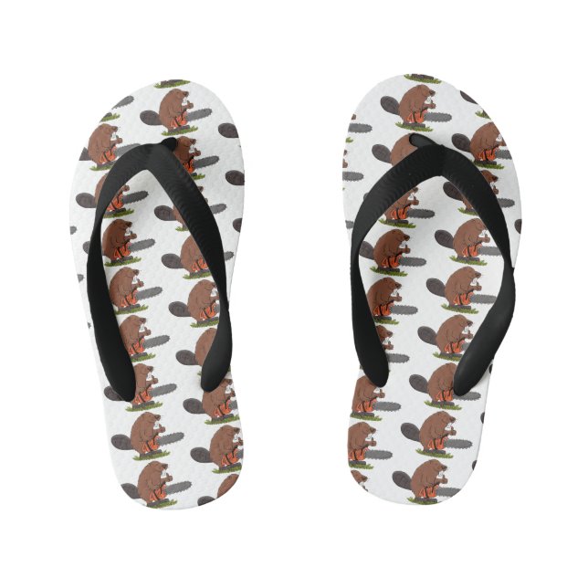 Funny beaver with chainsaw cartoon humour kid's thongs (Footbed)