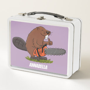 Funny beaver with chainsaw cartoon humour metal lunch box