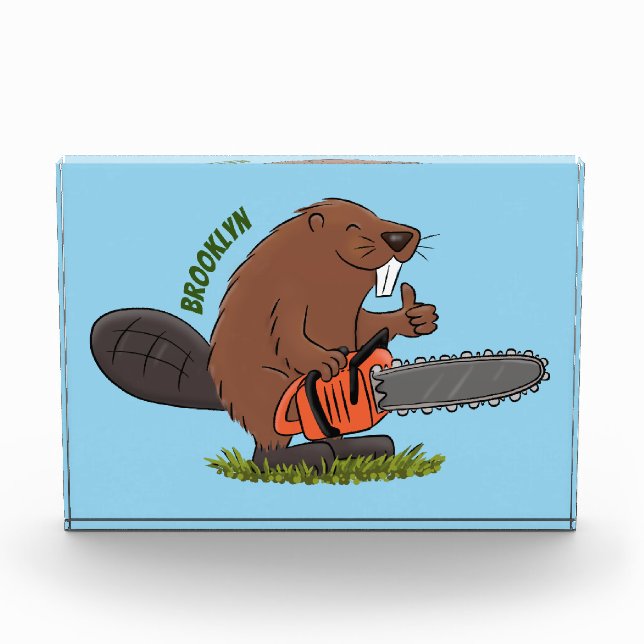 Funny beaver with chainsaw cartoon humour photo block (Front)