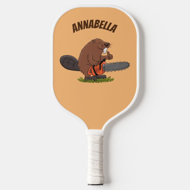 Funny beaver with chainsaw cartoon humour pickleball paddle (Front)
