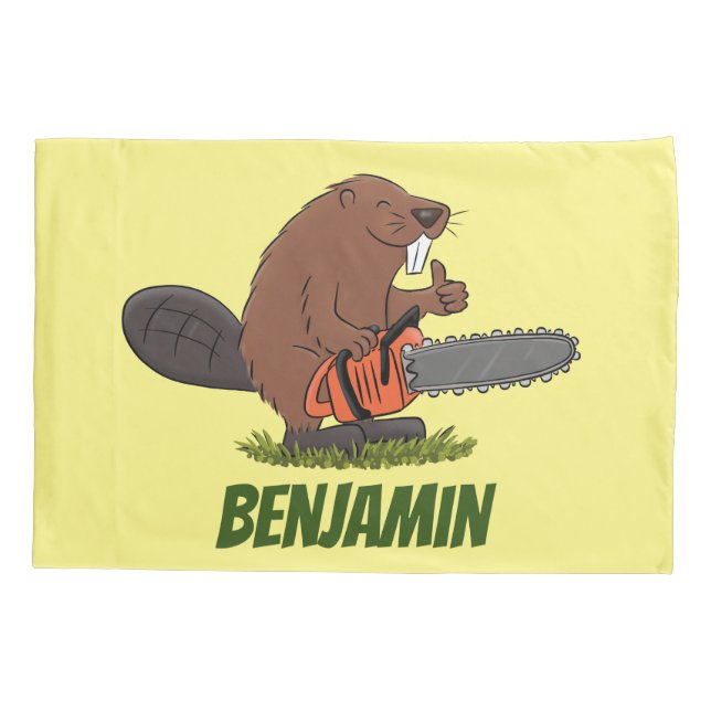 Funny beaver with chainsaw cartoon humour pillowcase (Back)