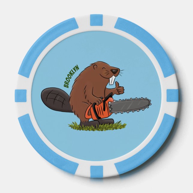 Funny beaver with chainsaw cartoon humour poker chips (Front)
