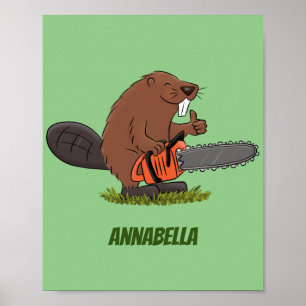 Funny beaver with chainsaw cartoon humour poster