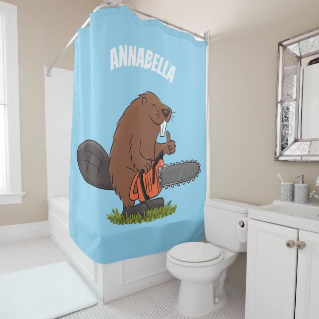 Funny beaver with chainsaw cartoon humour shower curtain (In Situ)