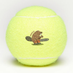 Funny beaver with chainsaw cartoon humour tennis balls