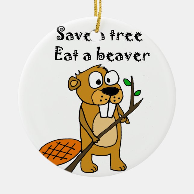 Funny Beaver with Tree Cartoon Ceramic Ornament (Front)