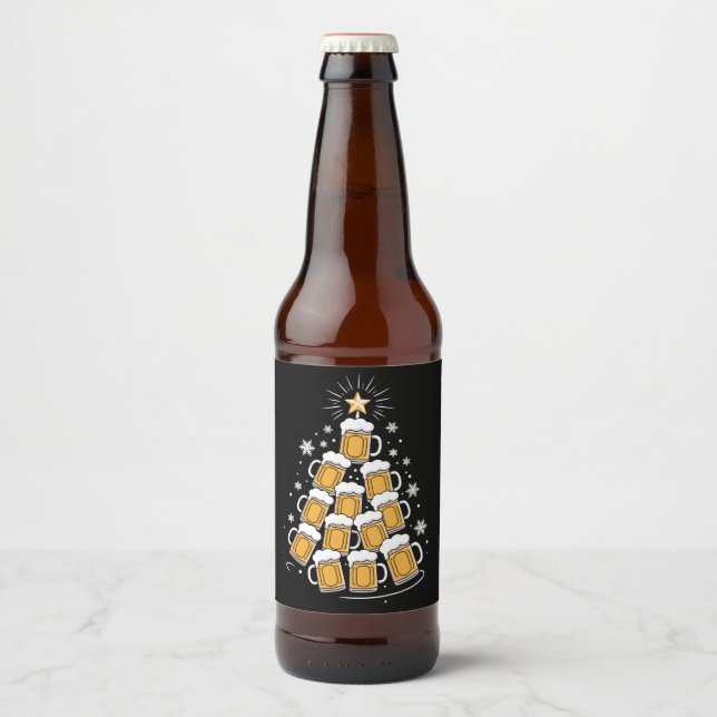 Funny Beer Christmas Tree Holiday Drinking Beer Bottle Label (Front)