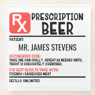 Funny Beer Prescription Personalised Name Glass Coaster