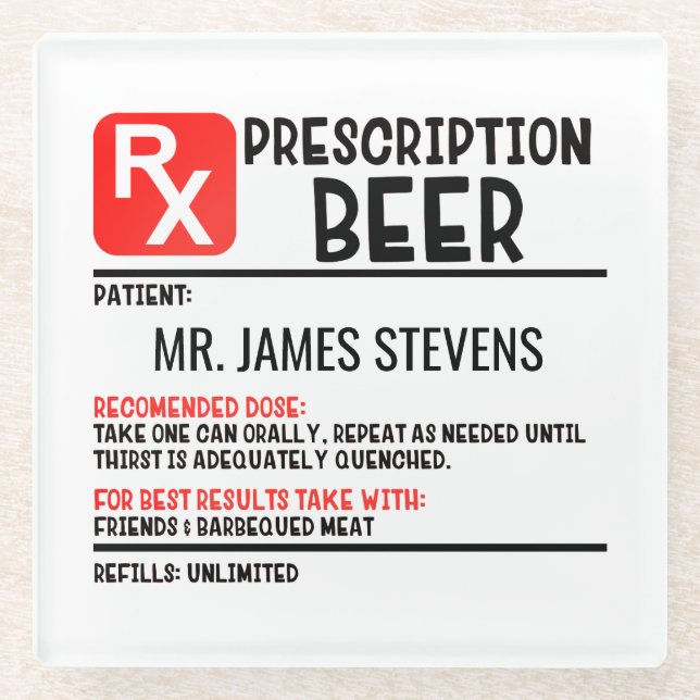 Funny Beer Prescription Script Personalised Name Glass Coaster (Front)