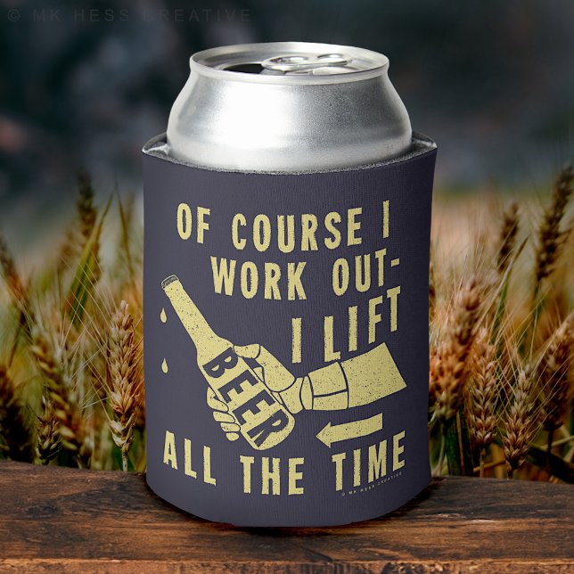 Funny Beer Work Out Humour on Blue Can Cooler (Creator Uploaded)