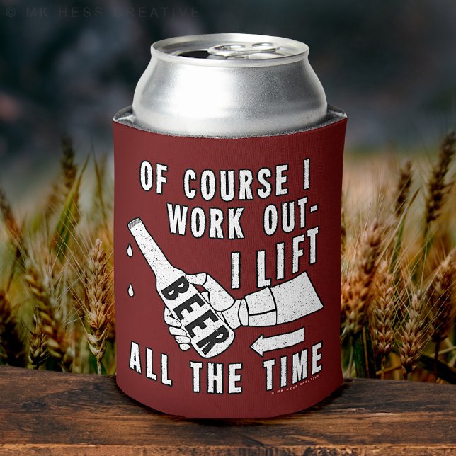 Funny Beer Work Out Humour on Red Can Cooler (Creator Uploaded)