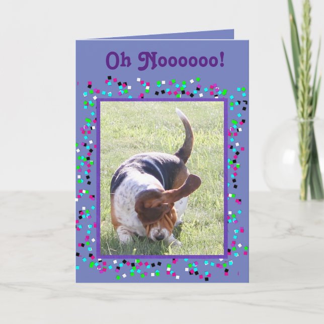 Funny Belated Birthday Card w/Basset & Cupcake (Front)