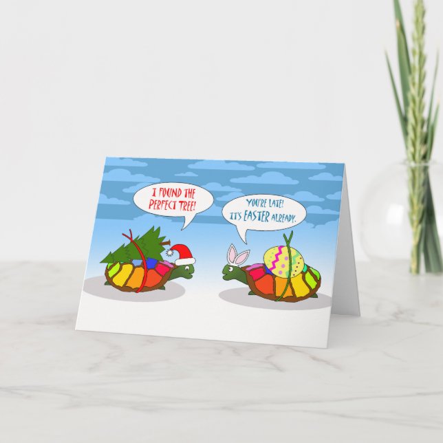 Funny Belated Christmas, Slow Turtle with Tree Holiday Card (Front)