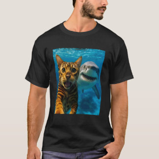 Funny Bengal Cat Selfie with Shark Ocean Lovers T-Shirt