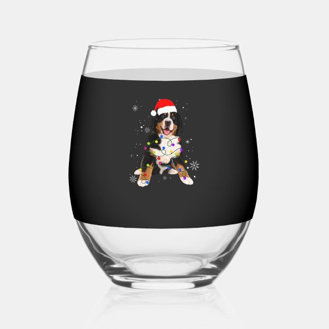 Funny Bernese Mountain Dog Lights Christmas Matchi Stemless Wine Glass (Front)