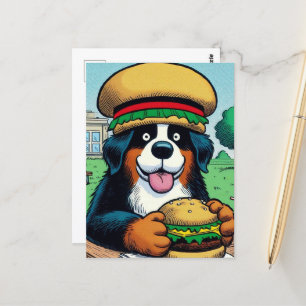 Funny Bernese Mountain Dog With Cheeseburger Postcard