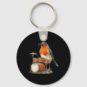 Funny bespectacled Robin Bird with Rocking Drums Key Ring
