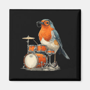Funny bespectacled Robin Bird with Rocking Drums Magnet