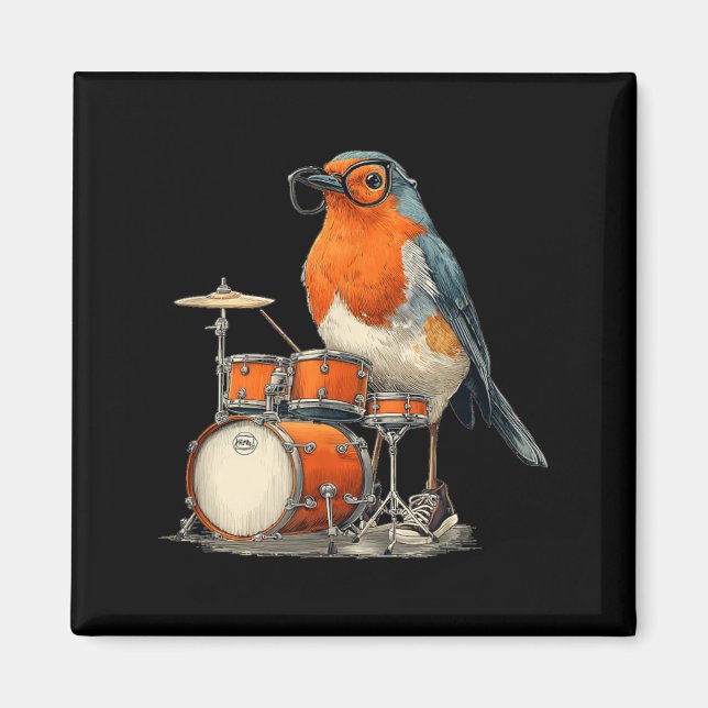 Funny bespectacled Robin Bird with Rocking Drums Magnet (Front)