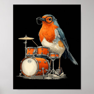 Funny bespectacled Robin Bird with Rocking Drums Poster