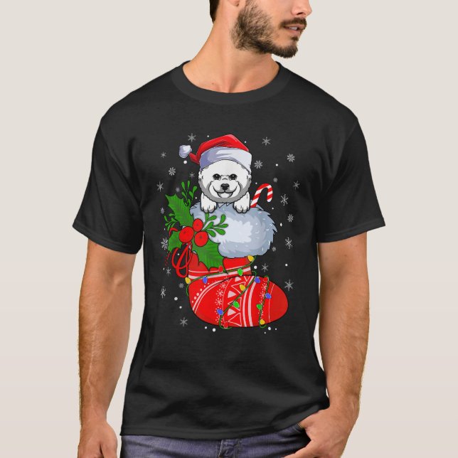 Funny Bichon Frise Dog In Christmas Socks Lights X T-Shirt (Front)
