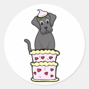 Funny big dog jumping out of a cake classic round sticker