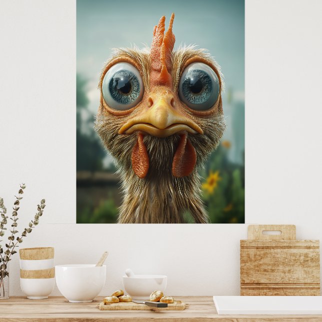Funny Big-Eyed Chicken Close-Up Poster (Kitchen)