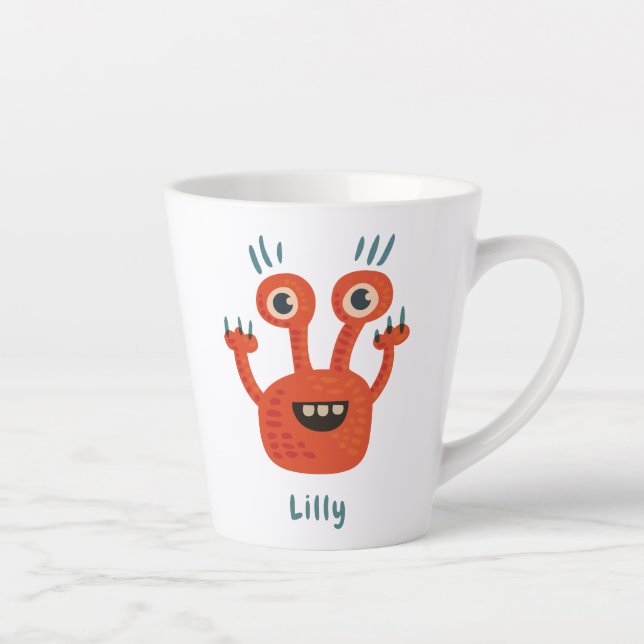Funny Big Eyed Smiling Cute Monster Name Latte Mug (Right)