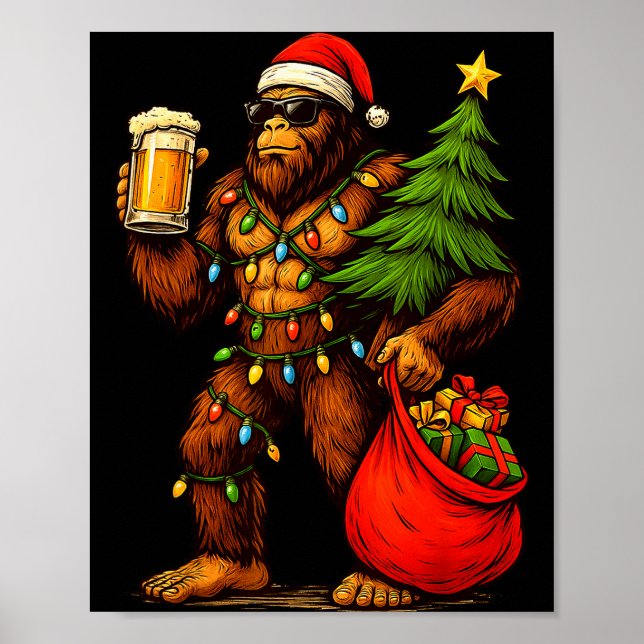 Funny Big Foot Santa Hat Drink Christmas Tree Xmas Poster (Front)