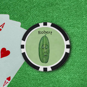 Funny Big Green Pickle With Stem Silly Face Poker Chips