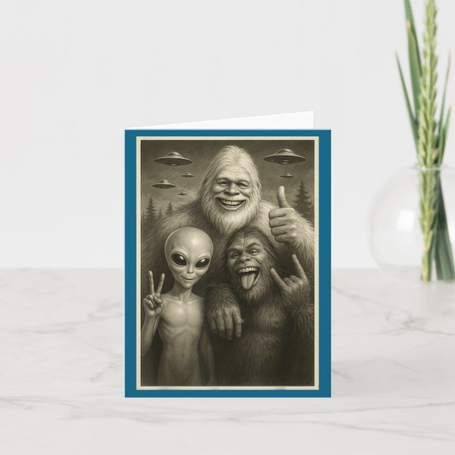 Funny Bigfoot, Alien, &amp; Yeti Sasquatch Rock On Card (Front)