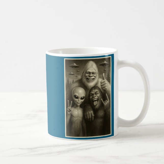Funny Bigfoot, Alien, &amp; Yeti Sasquatch Rock On Coffee Mug (Right)