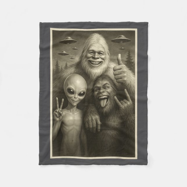 Funny Bigfoot, Alien, &amp; Yeti Sasquatch Rock On Fleece Blanket (Front)