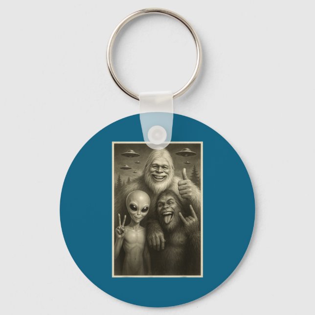Funny Bigfoot, Alien, &amp; Yeti Sasquatch Rock On Key Ring (Front)