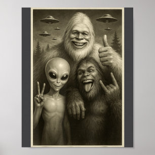 Funny Bigfoot, Alien, & Yeti Sasquatch Rock On Poster