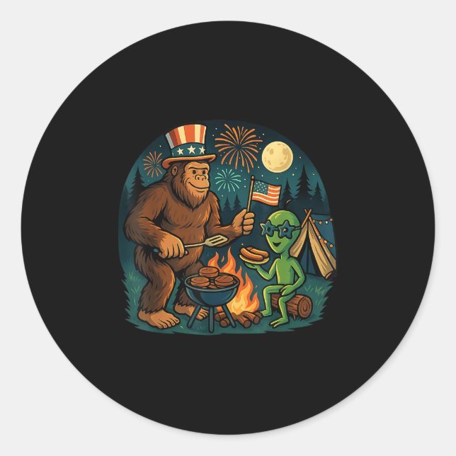 Funny Bigfoot Alien Bbq Campfire 4th Of July Ameri Classic Round Sticker (Front)