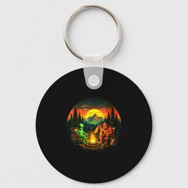 Funny bigfoot alien camping retro ufo campfire  key ring (Front)