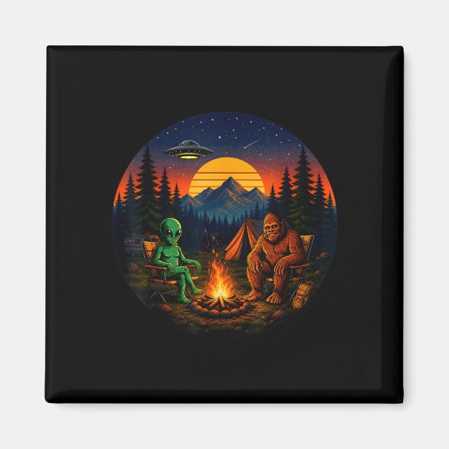 Funny bigfoot alien camping retro ufo campfire magnet (Front)