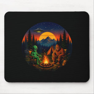 Funny bigfoot alien camping retro ufo campfire mouse pad