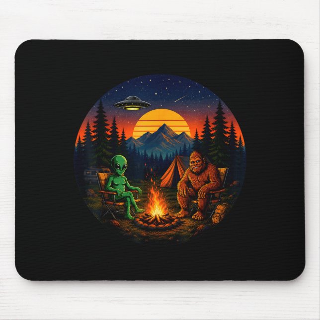 Funny bigfoot alien camping retro ufo campfire mouse pad (Front)