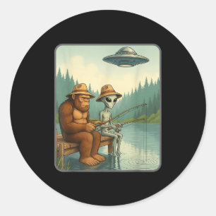 Funny Bigfoot & Alien Fishing Ufo Meme Classic Round Sticker