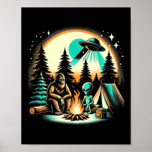 Funny Bigfoot & Alien Ufo Camping Outdoor Adve Poster