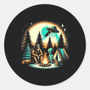 Funny Bigfoot And Alien Ufo Camping Outdoor Advent Classic Round Sticker