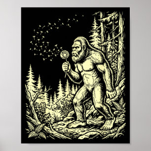 Funny bigfoot blowing dandelion vintage sasquatch poster