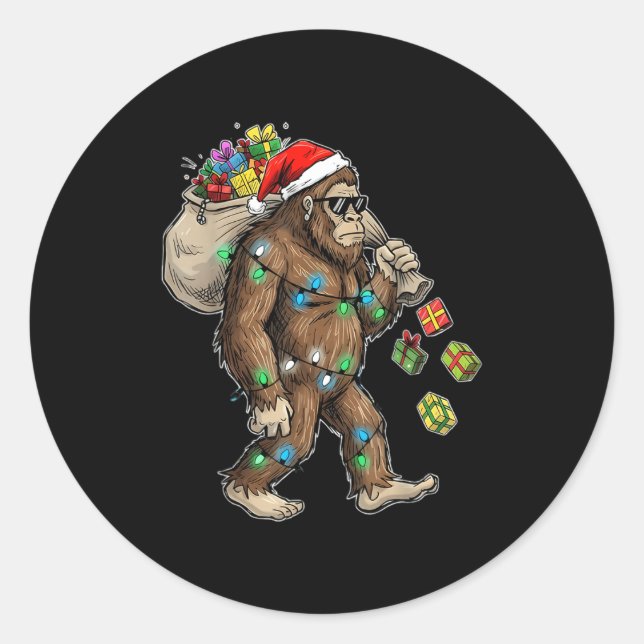 Funny Bigfoot Christmas Tree Lights Xmas Boys Mens Classic Round Sticker (Front)