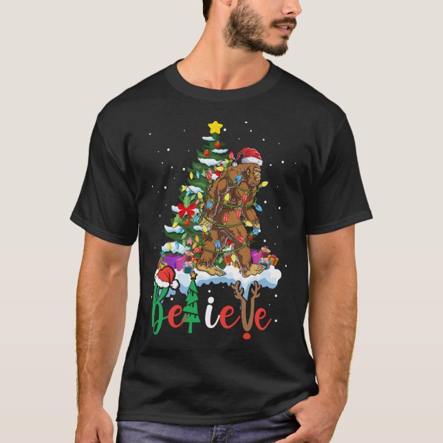 Funny Bigfoot Christmas Tree Lights Xmas Sasquatch T-Shirt (Front)
